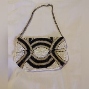 EUC J.Crew "The Min" Florence Beaded Clutch Bag Geometric Tan, Black And White